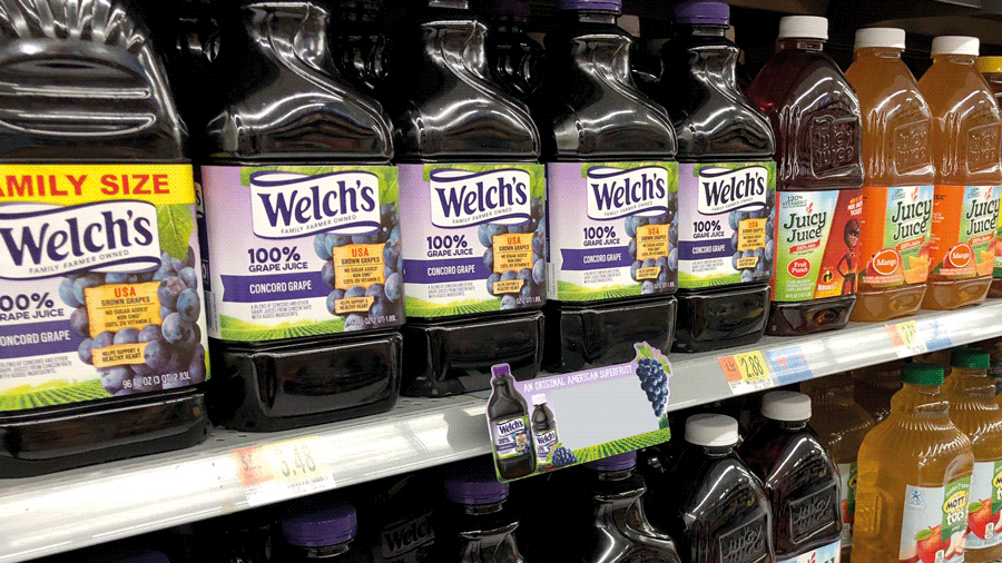 Welch's meyve suyu rafında animasyonlu POP ekranı