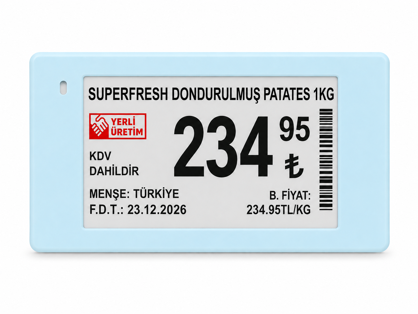 2.13 inç ESLink elektronik raf etiketinin mavi renk seçeneği – Superfresh Dondurulmuş Patates fiyat örneği