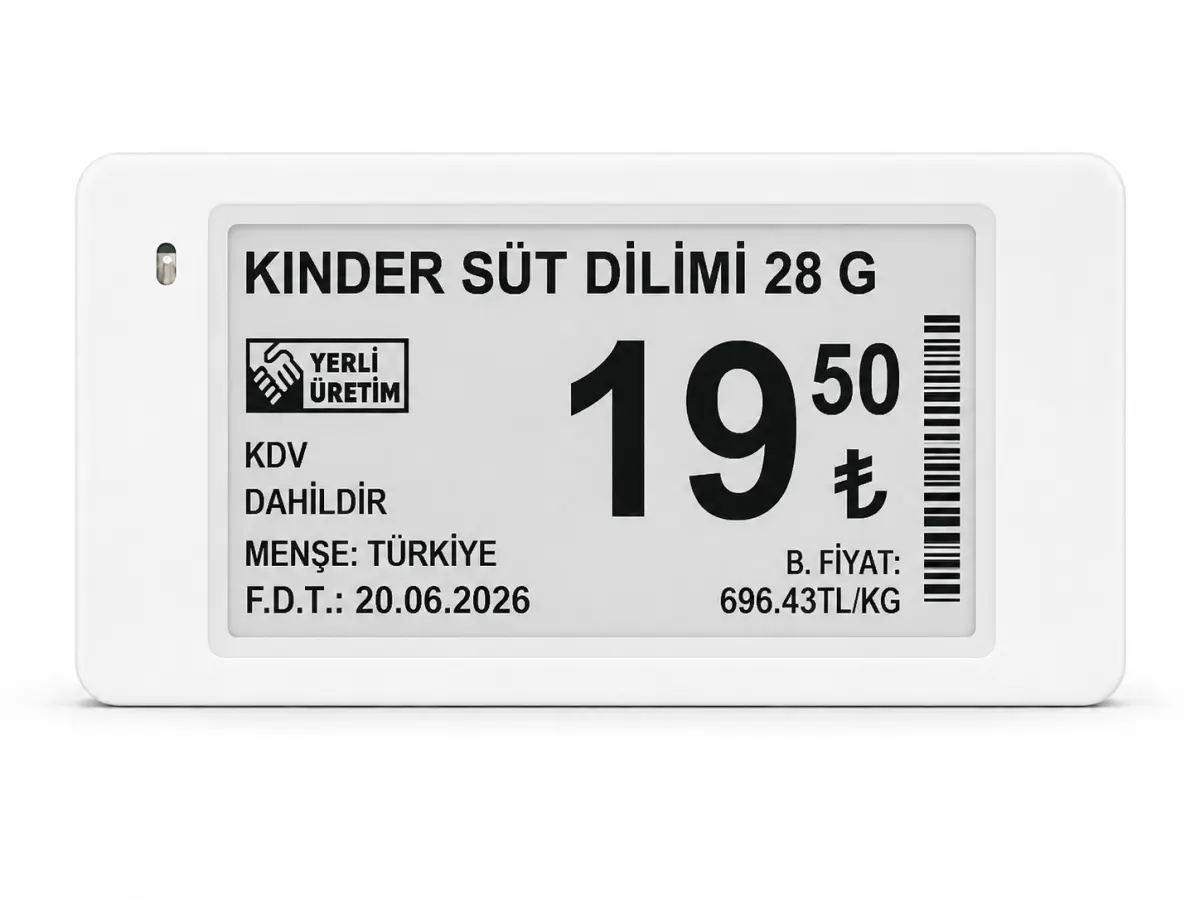 2.13 inç ESLink elektronik raf etiketi – "Kinder Süt Dilimi 28 G" ürün ve fiyat bilgisi görseli