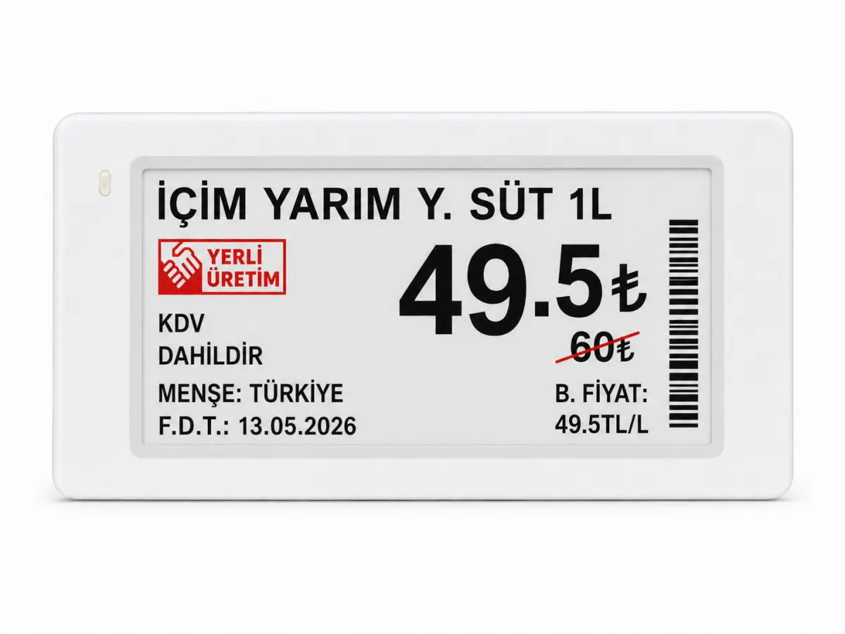 2.66 inç ESLink elektronik raf etiketi – İçim Yarım Yağlı Süt için indirimli fiyat gösterimi örneği