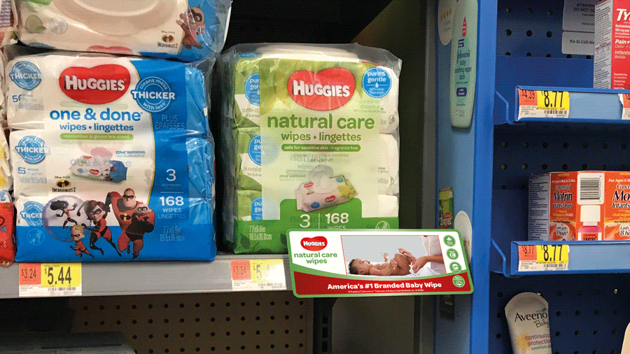 Huggies bebek bakım rafında animasyonlu POP ekranı