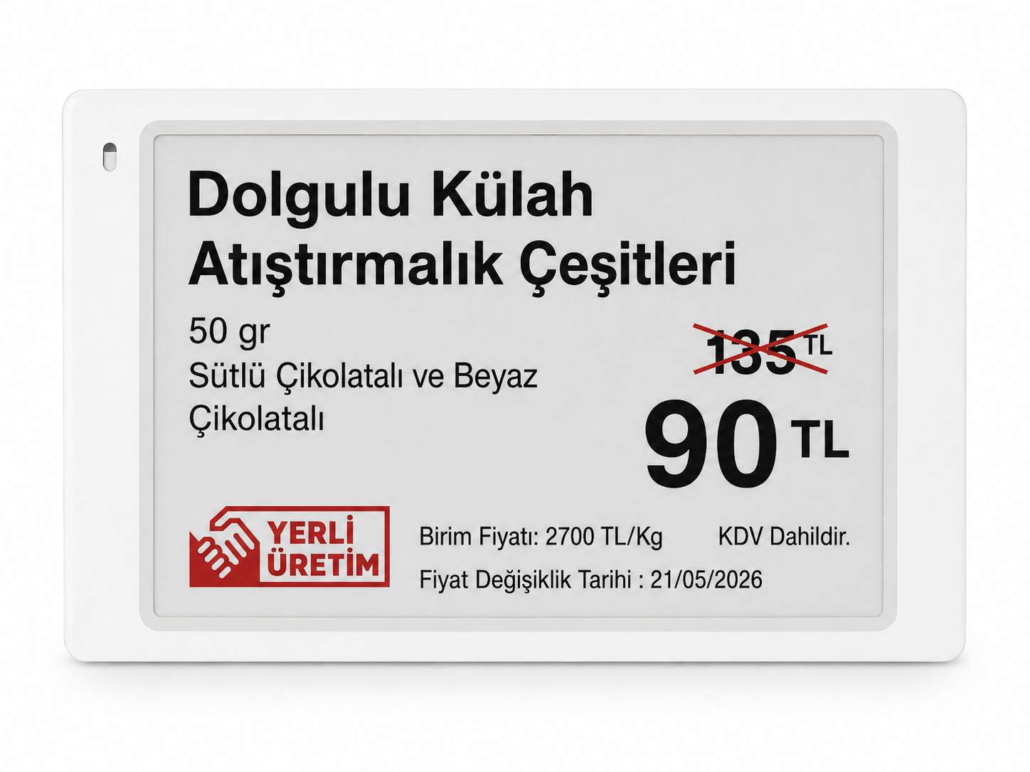 3.5 inç ESLink elektronik raf etiketinde indirimli fiyat gösterimi – 135 TL’den 90 TL’ye düşürülmüş fiyat örneği