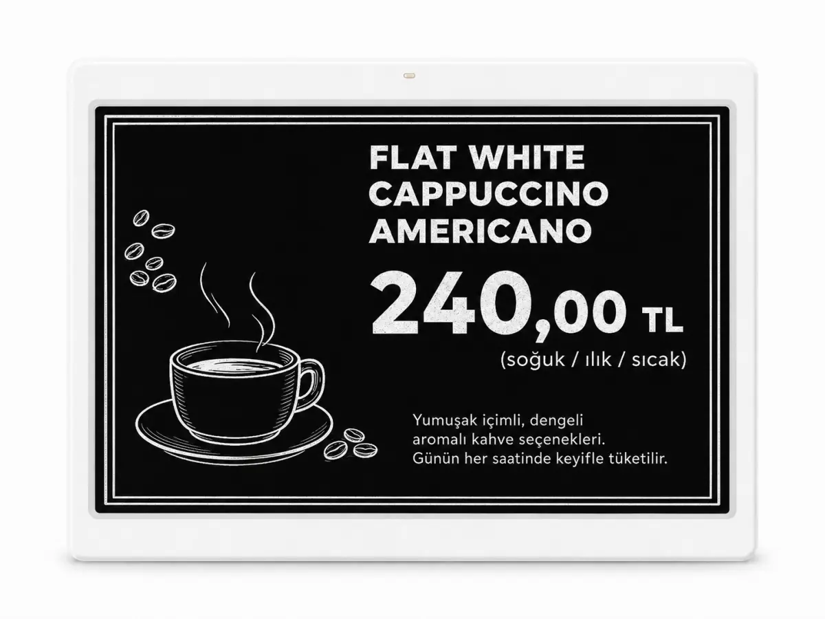 7.5 inç ESLink elektronik raf etiketi – siyah temalı kahve menüsü fiyat gösterimi (Flat White, Cappuccino, Americano)